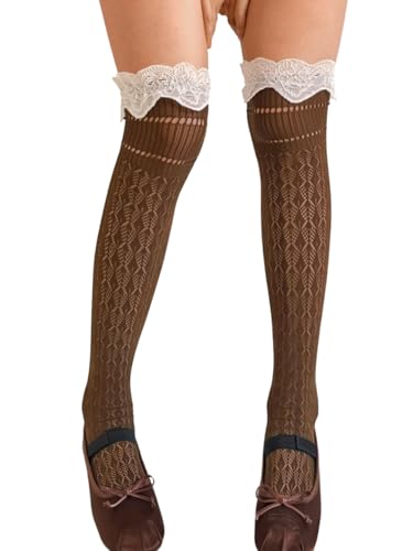 ShawGobow Long Socks With Lace Trim Cute Knee Highs For Women Christmas Birthday Renaissance Costume Size 0-8 Brown