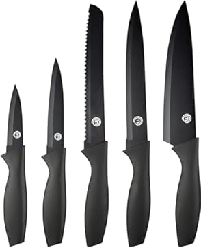 MasterChef Set Coltelli da Cucina, Collezione di Coltello Chef per Pane, Carne e Verdure, Acciaio Inox, Prova di Calore, Lavabile in Lavastoviglie, 5 Pezzi, Nero