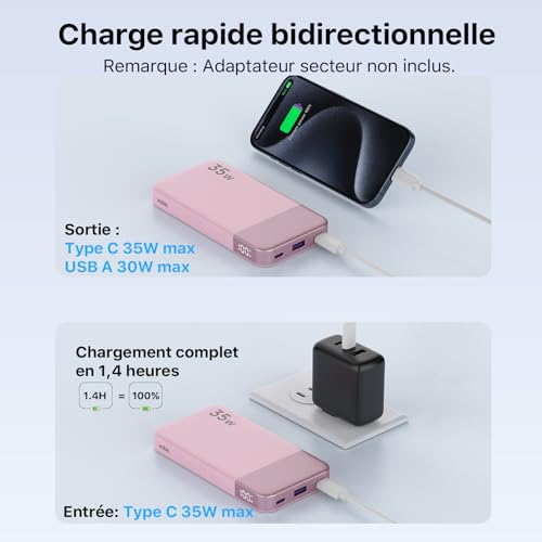 NOBIS 10000 mAh Batterie Externe 35W Charge Rapide USB-C – vue 3