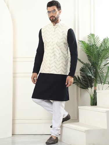 Image of SOJANYA (Since 1958 Men's Pure Cotton Kurta and White Pyjama with Sequins Nehru Jacket