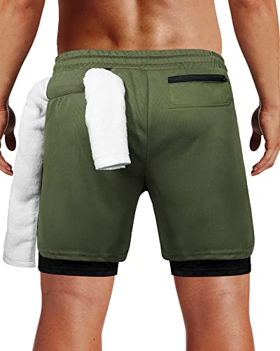 Fasker Mens Workout Shorts, 2 In 1 Mesh Quick Dry Athletic Shorts 7" Gym Yoga Running Shorts With Pockets,Army Green,Xl #TOP1