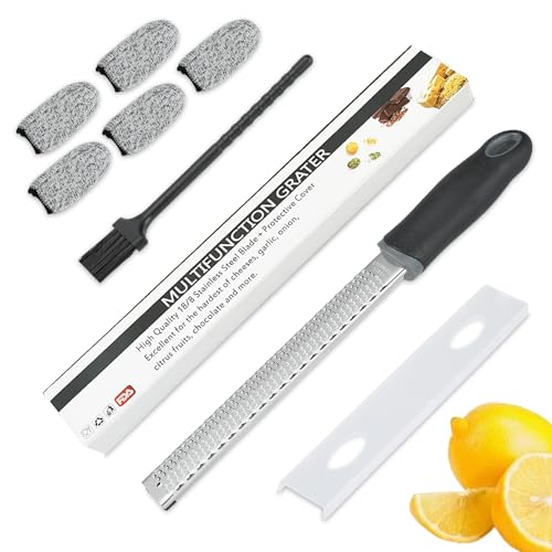 Strehknewen Rallador de Queso– Rallador de parmesano, rallador de limón, Nuez moscada y Jengibre, Hoja Afilada de Acero Inoxidable, con 5 Dedos, Funda Protectora y Cepillo de Limpieza
