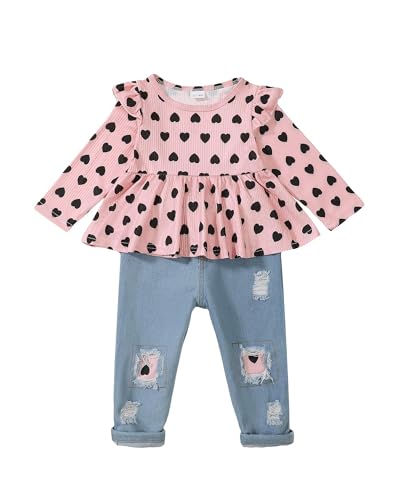 Image of Mioglrie Toddler Baby Girl Clothes 2T 3T 4T 12 18 24 Months Toddler Fall Winter Girls Outfit Jeans Pants Clothing Set