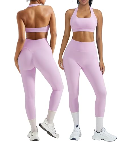 OMKAGI 2 Piece Workout Sets for Women Halter Sports Bras Gym Sets Booty Leggings Outfits