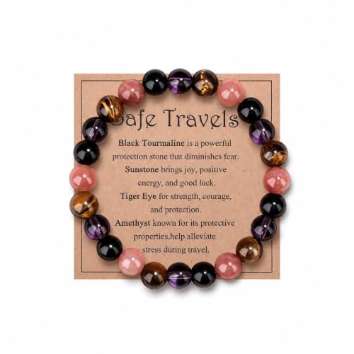AWARDSEN Crystal Bracelets for Women Safe Travel Protection Bracelet 8 mm Black Tourmaline Amethyst Good Luck Charm - Travel Gifts for Women Sister BFF Best Friends Colleague Graduation Birthday