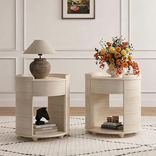 Image of Chogori Solid Wood Nightstands Set of 2 with Drawer & Storage Shelf - Farmhouse End Table, Sofa Side Table, Bedside Accent Table for Small Spaces, Living Room, Easy Assembly, Vintage White