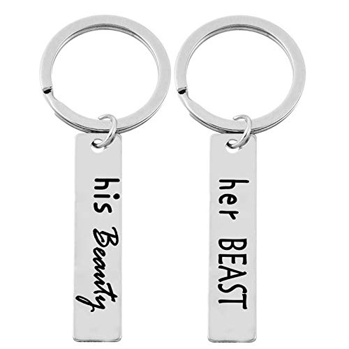 Preisvergleich Produktbild Dreamdge Pärchen Schlüsselanhänger Personalisiert Gravur His Beauty Her Beast Edelstahl Schlüsselring