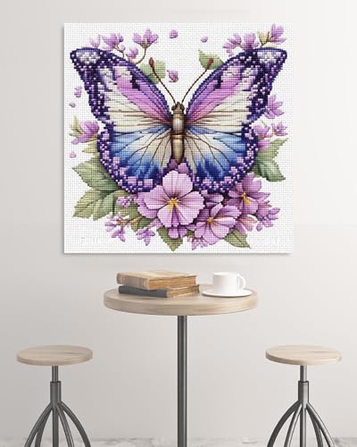 Image of askkqtx Butterfly Stamped Cross Stitch Kits for Adults 14x14 Inch | Flowers 11CT Needlepoint Counted Cross Stitch Kits for Beginner, Printed Embroidery Kit Art Craft for Home Wall Decor Gift