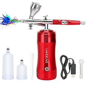 Maydear Portable Cordless Airbrush Kit, Mini Handheld Cake Airbrush, Rechargeable Airbrush Air Pump for Painting, Beauty Nail Art, Airbrush Makeup, Model Coloring-Red
