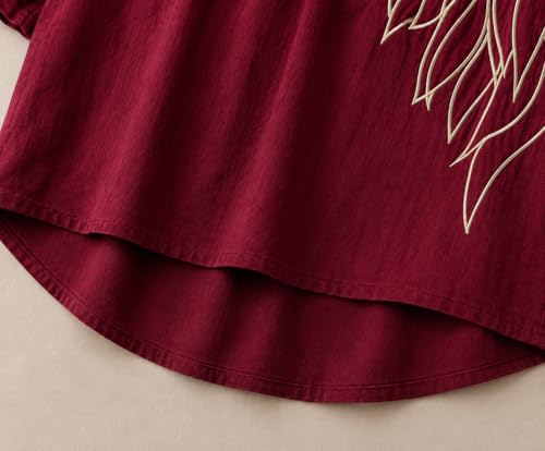Image of RIEKA Women's Embroidered Top for Women, Maroon V Neck Rayon, 3 /4 Sleeve Casual Loose Fit Tunic, Boho Blouse for Women, Korean Style