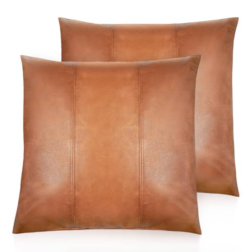 AOOTOOLINK Faux Leather Throw Pillow Cover 18X18 Inch Set of 2 Brown Outdoor Modern Farmhouse Solid Decorative Pillow Covers for Room Couch Living Bedroom Bed Sofa