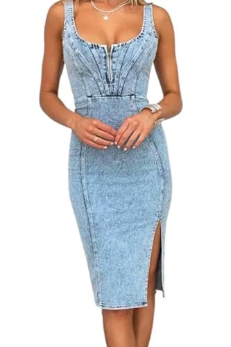 Women's Denim Dress Sleeveless Side Slit Bodycon Midi Jean Scoop Neck Dresses