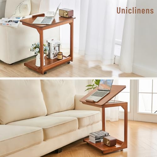 Image of Uniclinens Rolling Side Table, C Shape End Table Slide Under Sofa, Couch Tables, Wooden Sofa Desk with Wheels, Small TV Tray for Laptop Living Room Bedroom, Teak
