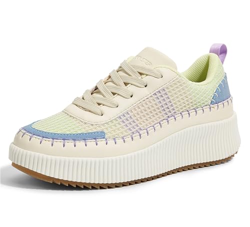 LUCKY STEP Women's Platform Sneakers Rhinestone Fashion Chunky Casual Sparkly Retro Braided Walking Shoes (Beige/Blue Multi Knit,8.5 B(M) US)