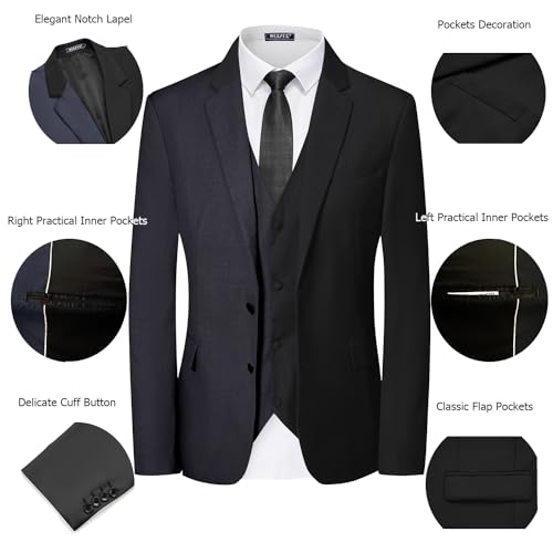 WULFUL Men's 3 Piece Slim Fit Suit Set Two Button Blazer Jacket Vest Pants Tuxedo Set for Party, Wedding and Business Black Grey4