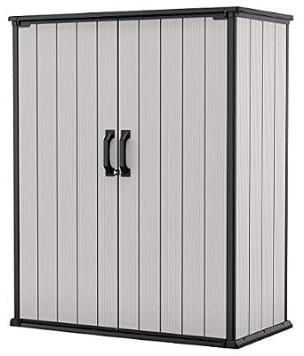 Keter Premier Tall 4.6 x 5.6 ft. Resin Outdoor Storage Shed with Shelving Brackets for Patio Furniture, Pool Accessories, and Bikes, Grey & Black
