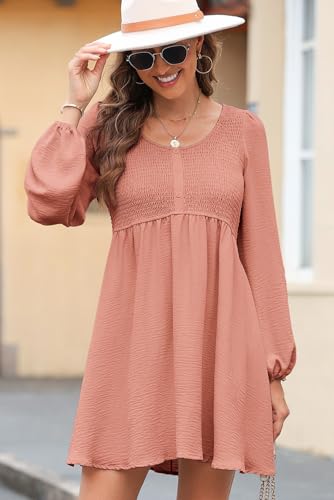 Image of Dokotoo Fall Dresses for Women 2026 Casual Long Sleeve Mini Dress | Smocked Crewneck, Button Up, Empire Waist, A-Line Hem, Solid Color, Floral Pattern