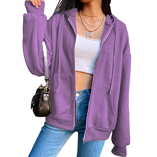 Newmind Moletom feminino casual com capuz e zíper manga longa atlético leve streetwear - roxo P, Rox
