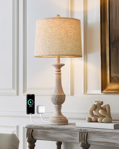PoKat Table Lamp for Living Room with USB Ports- Bedside Lamps  for Night Stands, Farmhosue Nightstand Light Lamp, Mid Century Tall Lamp