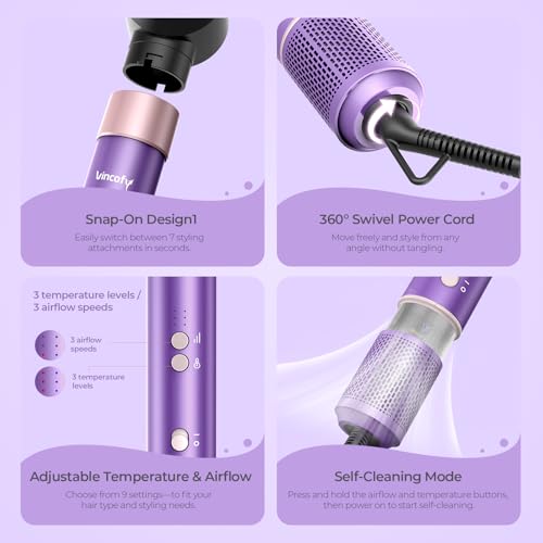Vincofy 7 in 1 Blow Dryer Brush Set Hot Air Styler for Fast Drying, Curling, Straightening & Volumizing Ionic Hair Dryer Brush with 1500W Power No Heat Damage for All Hair Types Lilac - image 8
