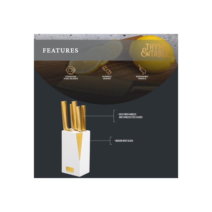 6-Piece Slim Acacia Knife Block Set With Gold Blades And White Accent Block, Affordable Knife Block Set Built To Last, Ergonomic Handles