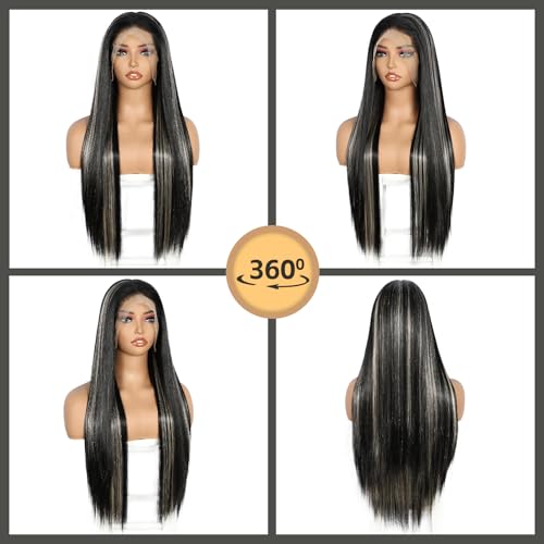 Sapphirewigs 13x6 Highlight Black Straight Lace Front Wigs Long Straight Wig for Women Highlight White Lace Front Synthetic Hair 150% Density Party Daily Wear Heat Resistant 26inch - Image 4