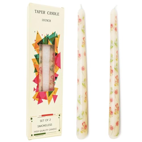 FYBW 2 Pack Ivory Taper Candles, Flowers Print Taper Candles 10 Inch Unscented, Smokeless, Dripless, Ideal for Weddings, Mother's Day