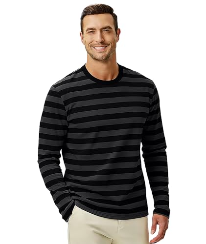 Image of KESIHAN Mens Striped Long Sleeve Shirt Crewneck Casual T-Shirt Basic Stripe Cotton Spandex tee Shirt