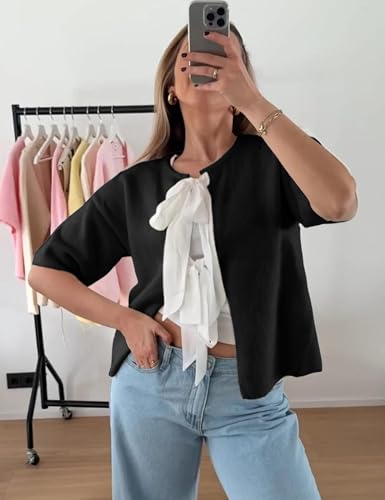 Bow Tie Front Cardigan Sweaters for Women 2025 Fall Short Sleeve Crewneck Knit Tops Cute Going Out Outfits2