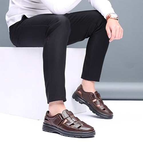 Large size fashion men's solid color retro head layer cowhide leather upper open toe sandals, comfortable non-slip hook-and-loop breathable beach shoes4