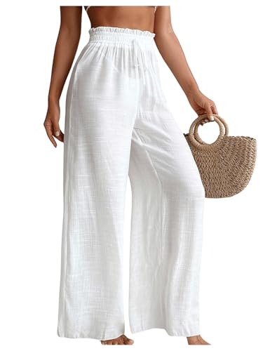 Milumia Women's Summer Linen Bathing Suit Cover Up Swim Beach Pants Sheer Wide Leg Swimsuit Coverup Pants