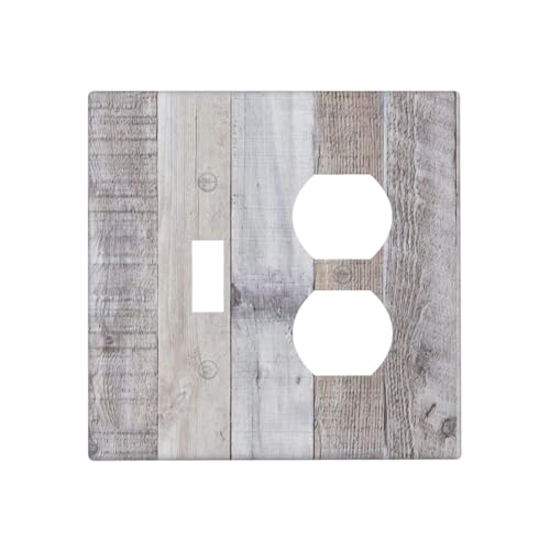 Farm Barn Cabin Kitchen Brown White Gray Grey Wood Wooden Plank Grain 2-Gang 1-Toggle 1-Duplex Device Combination Wallplate One Toggle Switch and One Duplex Receptacle Outlet Combo Light Switch Cover