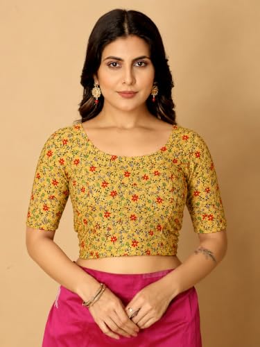 Image of Amazon Brand - Anarva Round Neck Dobby Cotton Lycra Stretchable Elbow Half Sleeve Readymade Saree Blouse for Women Stylish