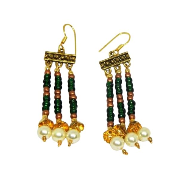 Green & Copper Glass Seed Beaded Pearl Earrings