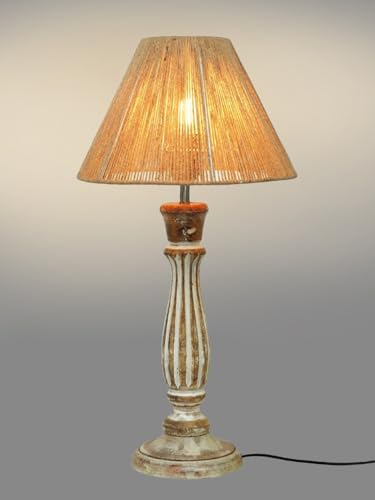 Image of Green Girgit Wooden Distress White Athens Lamp with Taper Brown Dori Shade