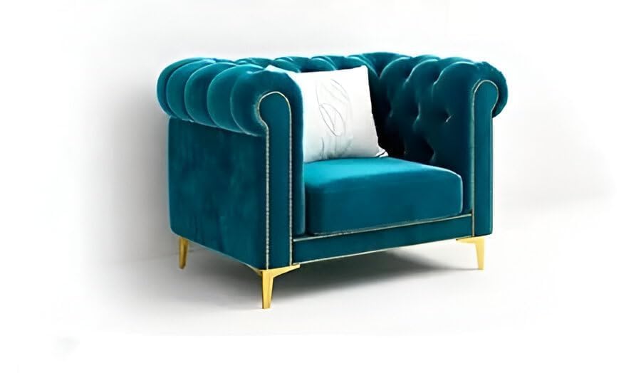 Image of Chesterfield Velvet Upholstery 3-Seater with Armchair and Footrest, Design in 3+1+Footrest Sofa for Living Room, Bedroom, Hallways (Teal)