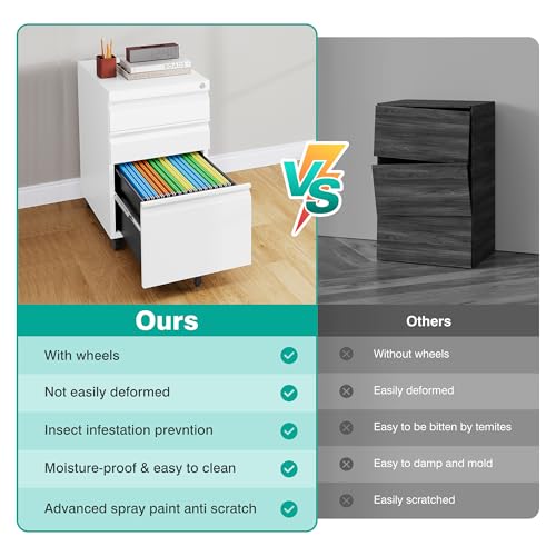 Image of 3 Drawer File Cabinet with Lock,Under Desk File Cabinet with Wheels,White Rolling Filing Cabinets,Three Drawer Metal Filing Cabinet for Home Office,Fit A4 /Letter /Legal File,- Assembly Required