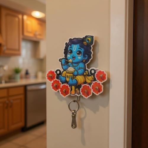 Image of Cute Krishna Wall-Mounted Key Holder, Peacock Feather & Floral Art, 20x25 cm, 7 Hooks, Pink UV Printed Design, Decorative Key Stand - Home & Office (Red Blue Krishna)