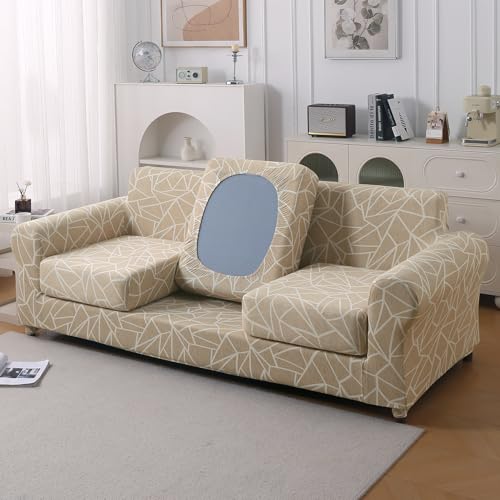HOKIPO Sofa Cover 3 Seater Fully Covered, Beige Abstract Geometry