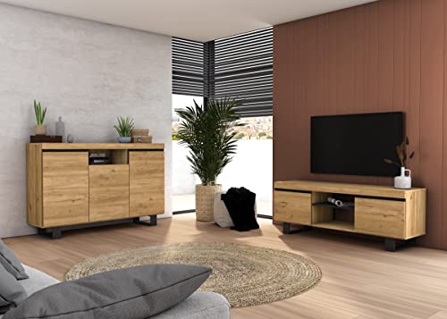 Skraut Home - Set Naturale Sala da Pranzo, Mobile Ausiliario, Credenza-Mobile TV 140 cm Rovere Nordic Nero