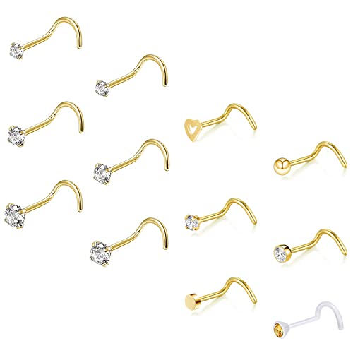 ZS 12 Stück 20G Nasenstecker Ringe – Chirurgenstahl L Form Nasenpiercing Stecker CZ Nase Piercing Schmuck für Damen Herren (Gold, Spirale)