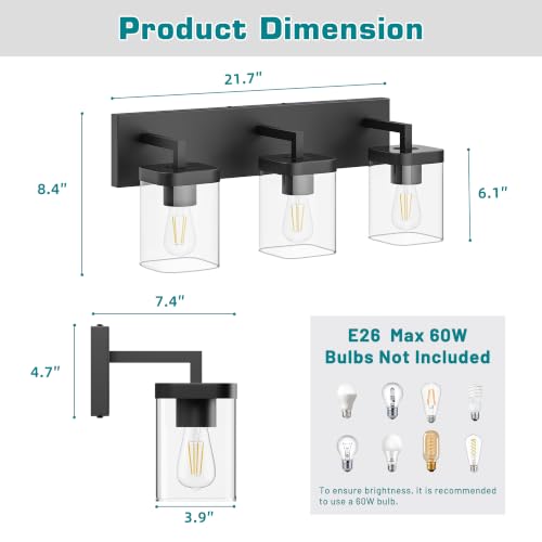 Image of Bathroom Lighting Fixtures Over Mirror, Square Design & Rectangle Large Backplate, 3 Lights Morden Vanity Lighting Fixtures, Bathroom Light Fixtures for Bathroom /Living Room /Bedroom, Black