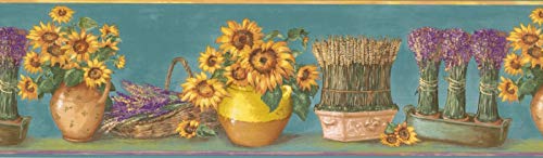 Prepasted Decorative Wallpaper Border Sunflower Ears of Wheat Lavender Pots Blue Yellow Floral