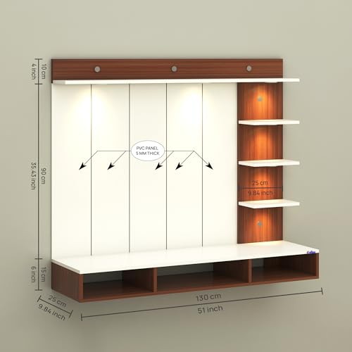 Image of Anikaa Tyron Engineered Wood Wall-Mount TV Unit with PVC Back Panel & LED Lights | TV Cabinet with Storage Box & Decorative Shelves (Walnut /White) | Ideal for TVs up to 43 Inch | DIY Installation