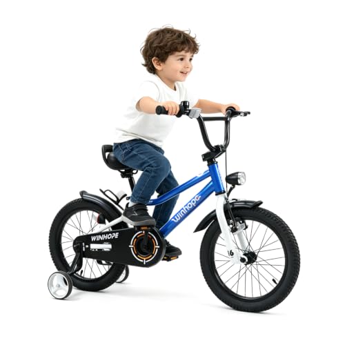 Image of WinHope Kids Bike with Headlight, 12-20 Inch Pedal Bike for 2-12 Boys Girls | Steel Frame with Training Wheels Water Bottle | Dual Brake for Summer Outdoor Riding | Birthday Gift for Toddlers