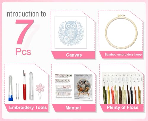 Image of Huacan Embroidery Kit for Beginners Adults Includes Stamped Owl Pattern, Hoop, Color Threads,Tools,Easy to Follow Instruction