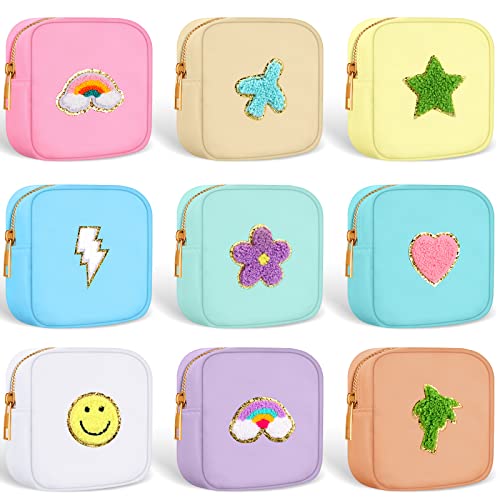 Sumind 9 Pieces Nylon Mini Preppy Makeup Bag Chenille Letter Cosmetic Bag Travel Small Makeup Pouch Bag Toiletry Bag with Zipper for Women 9 Colors