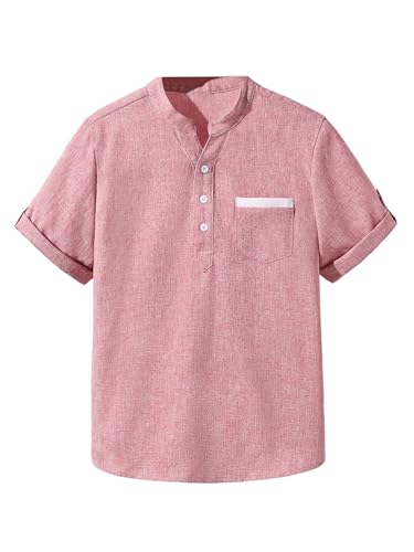 OYOANGLE Boy's Button Front Linen Shirt Band Collar Short Sleeve Henley Shirts Summer Beach T-Shirts