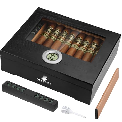 XIFEI Cigar Humidor, Glass Top Desktop Humidor Box with Digital Hygrometer & Humidifier, Spanish