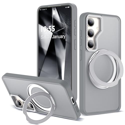 Image of Compatible with Samsung Galaxy S24 Plus Case with 360Rotatable Magnetic Ring Stand Compatible with Mag-Safe Military Protection Matte Translucent Phone Case for Galaxy S24+,Gray